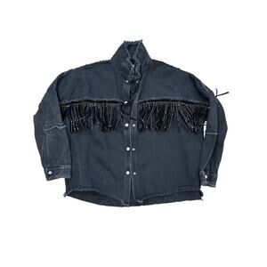 Zara Black Denim Embellished Studded Fringe Button-up Shirt Jacket Sz M